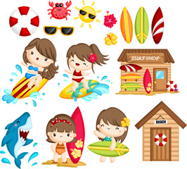 a vector of many object and activities related to woman surfing