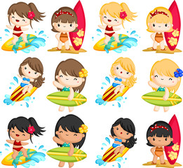 a vector of many woman surfing in the sea
