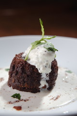 Chocolate and nut bread with vanilla ice cream and choco chips.