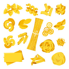 Pasta collection isolated on white background. Vector flat cartoon illustration. Italian cuisine design elements set