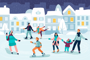Happy young people skating. Couple, kids and family spend time on ice rink. Vector flat cartoon illustration.