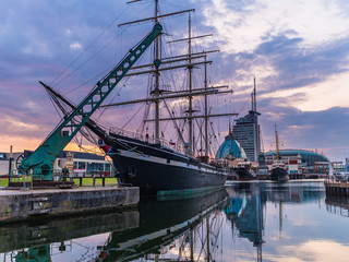 Sunset with clouds and ship in Bremerhaven