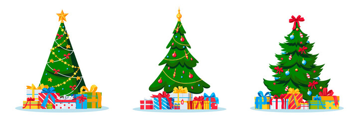 Holiday Christmas trees. Vector flat cartoon illustration. Celebrating New Year Eve greeting cards design elements.