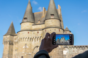 Taking picture of Château de Vitré in a beautiful sunny day. Bretagne, France