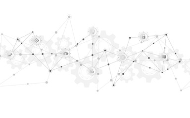 Technical abstract background with connecting dots and lines. Digital technology and communication concept with flat icons.