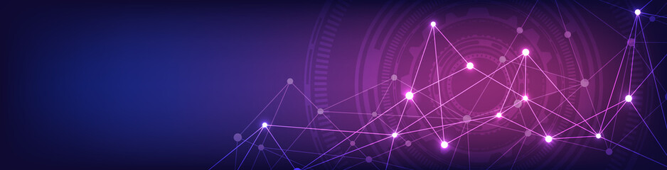 Fototapeta na wymiar Website header or banner design with abstract geometric background and connecting dots and lines. Global network connection. Digital technology with plexus background and space for your text.