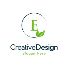 Initial E Green Letter and Leaf for Modern Beauty Nature Cosmetic, Vegan, Environmental, Creative Letter E Leaf Logo Design, Letter E Botanical Logo, Leaf Attached with Alphabet E