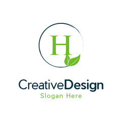 Initial H Green Letter and Leaf for Modern Beauty Nature Cosmetic, Vegan, Environmental, Creative Letter H Leaf Logo Design, Letter H Botanical Logo, Leaf Attached with Alphabet H