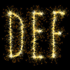 Bengal lights golden glittering sparks leters set. Vector shining golden figures of sparkles and stars on black background.