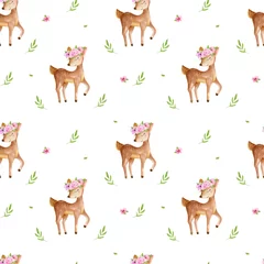 Wallpaper murals Little deer Cute watercolor baby deer animal seamless pattern, nursery isolated illustration for children clothing, patterns. Watercolor Hand drawn image Perfect for phone cases design, nursery