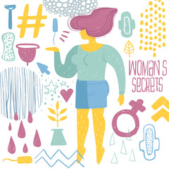 Women's days. Pop art poster. Girl and feminine hygiene products