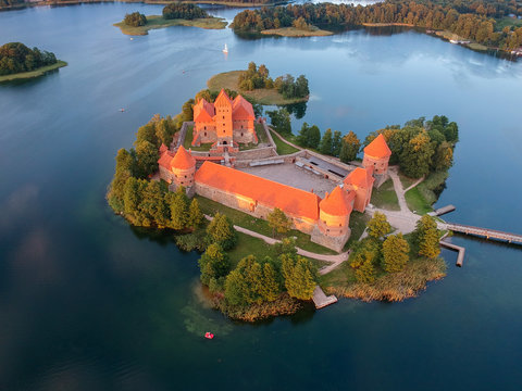 Aerial view of Trakai Castle - Island castle in Trakai is one of the most popular touristic destinations in Lithuania, houses a museum and a cultural center.