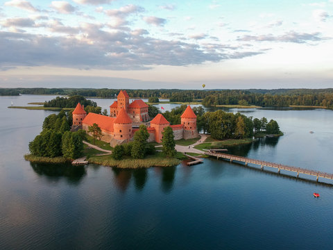 Aerial view of Trakai Castle - Island castle in Trakai is one of the most popular touristic destinations in Lithuania, houses a museum and a cultural center.