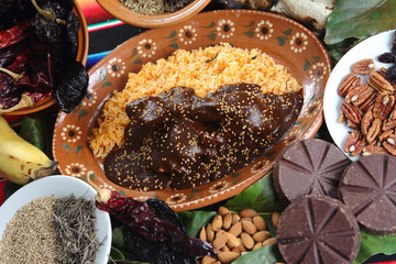 Mexican chicken mole accompanied by all its ingredients