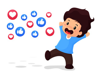 The boy is glad to be popular in social media. With thumb and heart icons