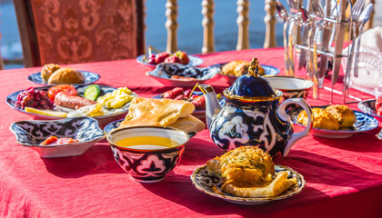 Traditional Uzbek breakfast served on the terrace