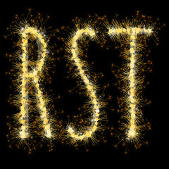 Bengal lights golden glittering sparks leters set. Vector shining golden figures of sparkles and stars on black background.