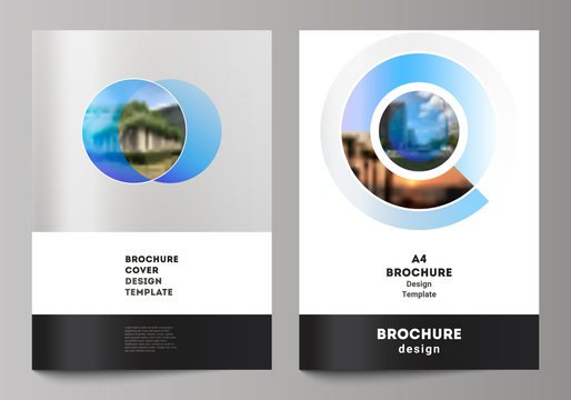 The vector layout of A4 format modern cover mockups design templates for brochure, magazine, flyer, booklet, annual report. Creative modern blue background with circles and round shapes.