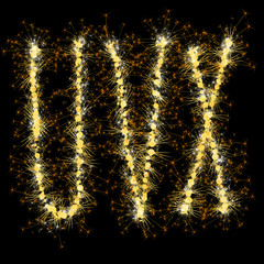 Bengal lights golden glittering sparks leters set. Vector shining golden figures of sparkles and stars on black background.