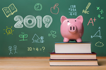 Year 2019 text with pink piggy bank on top of books with chalkboard