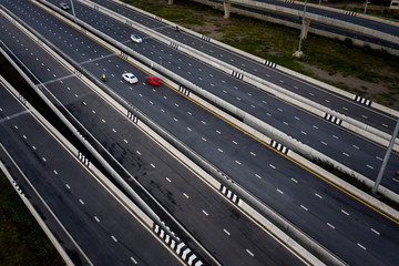 aerial view traffic car transportation freeway motorway and ring road at evening