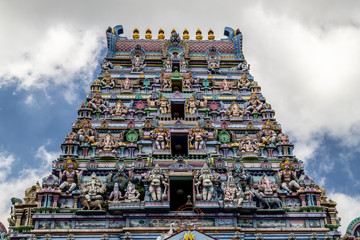 Hindu temple with colorful facade called Arulmihu Navasakti Vinayagar Temple in Victoria on Seychelles island mahé