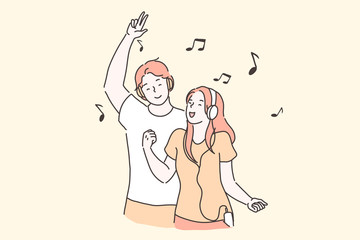Party, Pleasure, Favorite hits concept. Young modern Man and Woman, Students, Bloggers, Vloggers dance relax listen to your playlist with the best tracks. Cheerful teenagers boy and girl in headphones