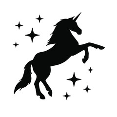Vector flat black unicorn silhouette with stars isolated on white background © Sweta
