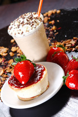 Cheese pie with strawberries and walnut.