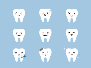 Teeth emoji icon set. Cracked, broken, healthy white cute cartoon kawaii tooth characters with different facial expressions.