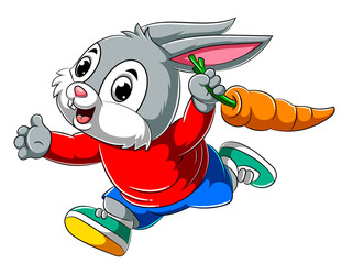 Cartoon happy rabbit running and holding big carrot
