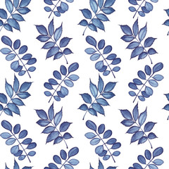 Seamless pattern with dark blue leaves. Watercolor illustration isolated on white background.