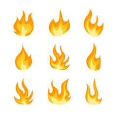 Vector Collection of Fire Icons Isolated, Colorful Orange Flames, Flat Design Elements.