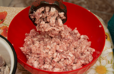 Meat grinder - process of grinding meat. Beef mince in mincing-machine. Cooking food