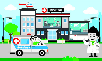 Obraz premium Vector of doctor team standing on a hospital building, Patient care concept, ambulance car background