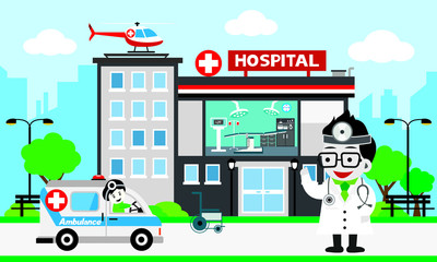 Obraz na płótnie Canvas Vector of doctor team standing on a hospital building, Patient care concept, ambulance car background