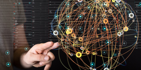 touching global network and data exchanges over the world 3D rendering