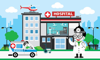  doctor team standing on a hospital building, Patient care concept, ambulance car background