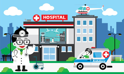  doctor team standing on a hospital building, Patient care concept, ambulance car background