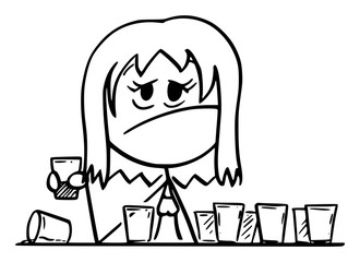 Vector cartoon stick figure drawing conceptual illustration of frustrated drunk woman sitting with many empty shot or short drinks glasses.