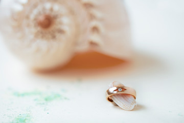 Fototapeta na wymiar beautiful macro shot of golden wedding ring with some stuff on colored background