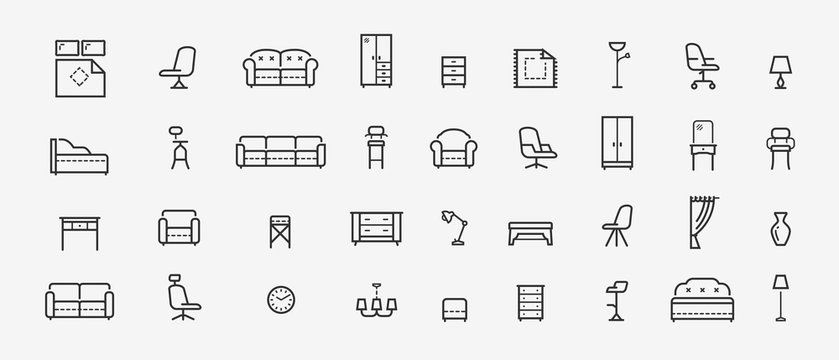 Furniture, line icons set. Collection black outline logo for mobile apps web or site design. Interior vector illustration