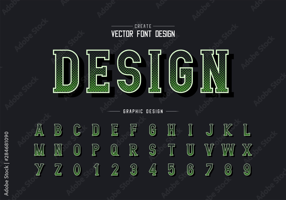 Poster halftone font and alphabet vector, digital writing style typeface letter and number design