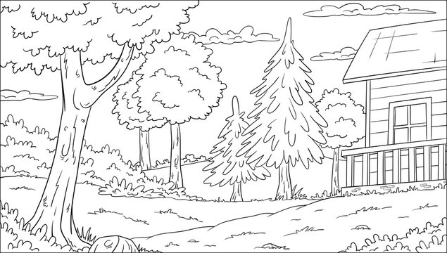 Coloring book landscape with house. Hand draw vector illustration.