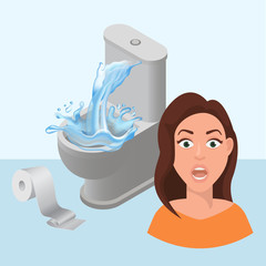 Littering toilet clogged and water splash, toilet paper littered vector cartoon illustration with girls scared face. Leakage canalization. Litter in WC and lavatory pan repair.