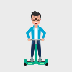 Young happy man with glasses riding electric scooter. Commuting concept. Individual city transportation. Two wheeled electric battery powered vehicle with handlebar. Vector illustration, flat style.