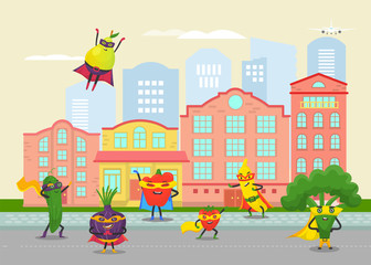 Funny fruits and vegetables superheros in cartoon city vector illustration. For vegan social networks and healthy lifestyle. Funny vegetables and fruits heroes on city daily activities.