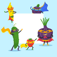 Superhero vegetables vector frame illustration. Cartoon super hero veggies with funny banana, pepper, onion and cucamber in masks. Vegetarian set isolated on white background.