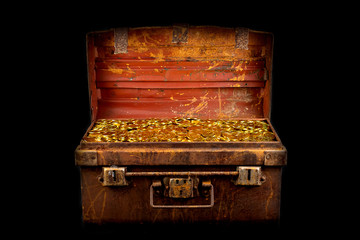 Stacking Gold Coin in treasure chest on black background