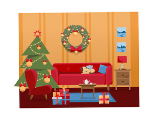 Christmas flat cartoon interior illustration of living room decorated for holidays. Cozy warm home interior with furniture, sofa, armchair, Christmas tree, gifts, gift boxes, balls, wreath